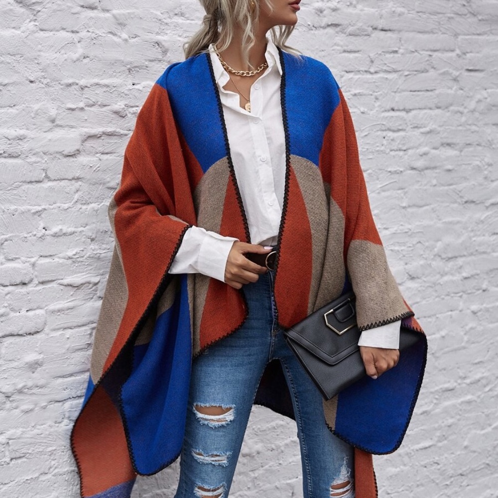 fall color block open front kimono poncho cardigan - Picture 5 of 11